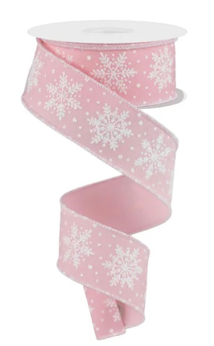 Wired Pink and White Glitter Snowflake Ribbon-1.5”x10 Yards