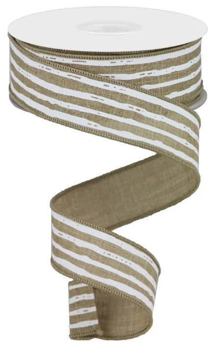 Wired Natural and White Irregular Stripe Ribbon- 1.5”x10 Yards
