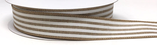 50 Yards - 1.5” Wired Natural Background with White Stripes Ribbon