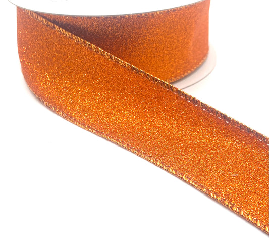 10 Yards - 1.5” Wired Orange All Flat Glitter Ribbon