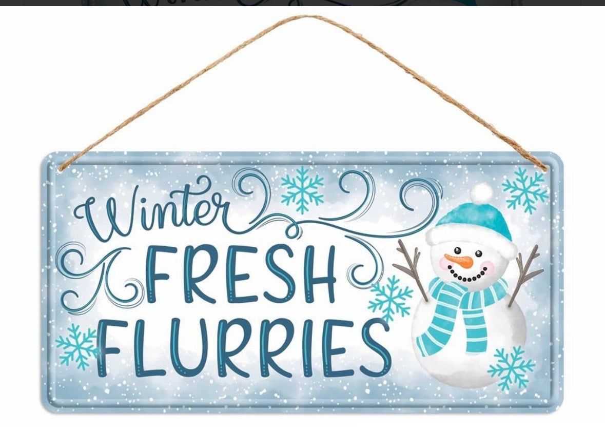 Winter Fresh Flurries  Metal Tin Wreath Sign- 12”x6”