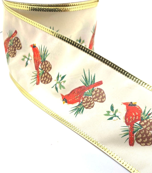 10 Yards - 2.5” Wired Satin Cardinal Pine Cones and Berries Glitter Accent Ribbon