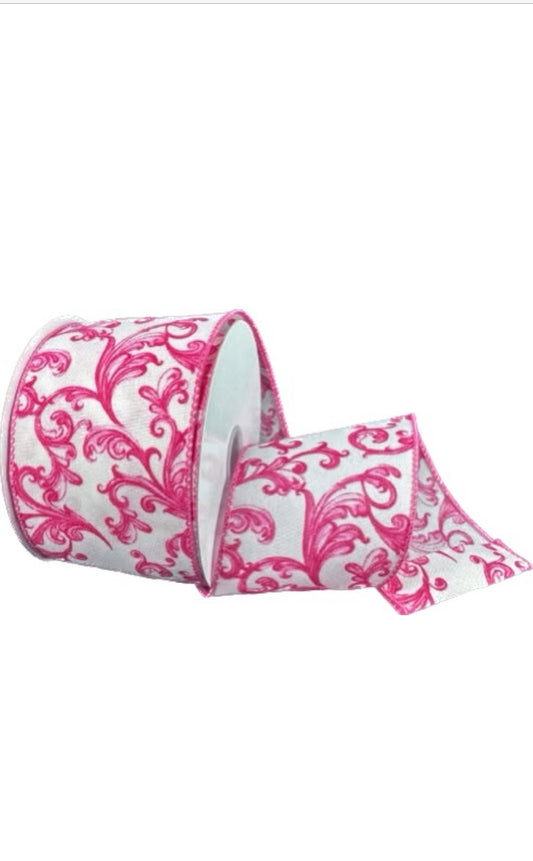 Wired White Satin Pink Chinoiserie Swirls Ribbon- 2.5”x10 Yards