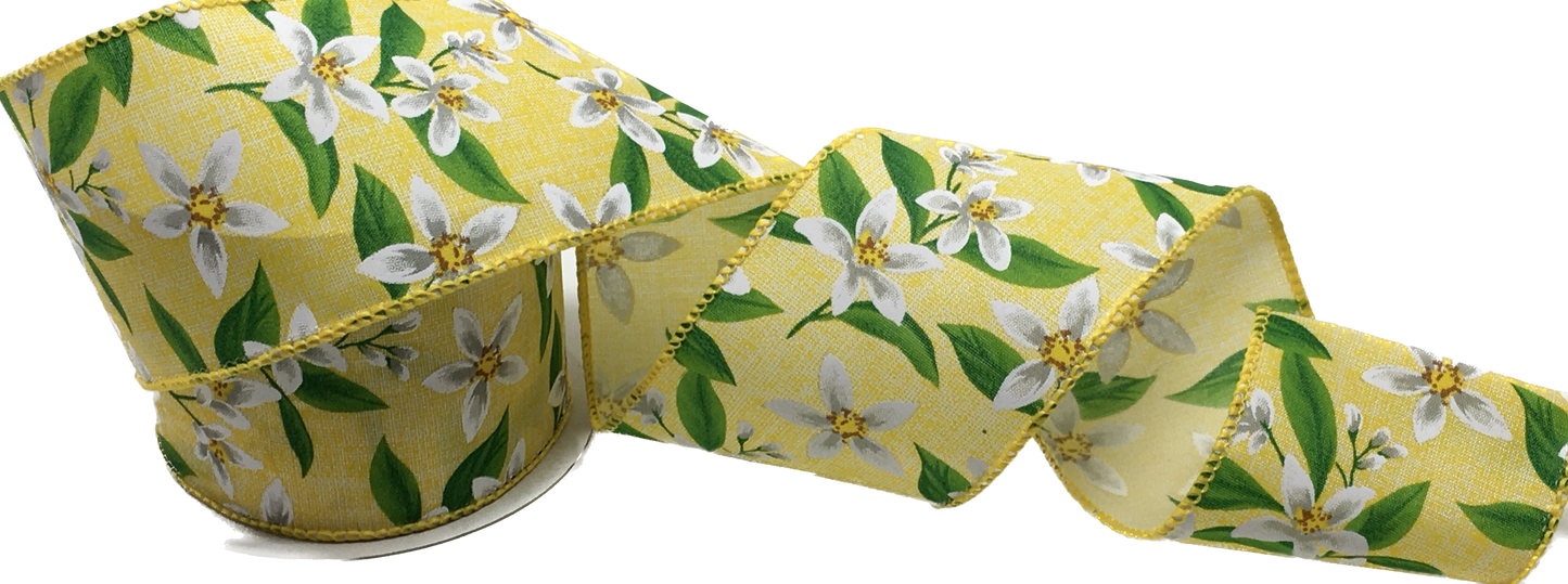 10 Yards - 2.5" Wired White Lilly Flowers on Yellow Background Ribbon