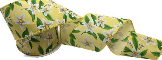 10 Yards - 2.5" Wired White Lilly Flowers on Yellow Background Ribbon