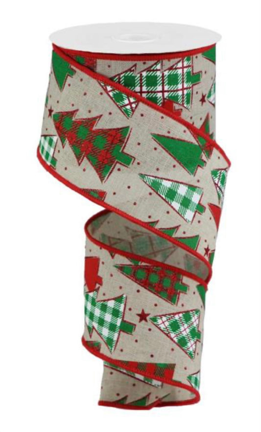 10 Yards - 2.5” Natural Background Green and Red Christmas Trees Ribbon