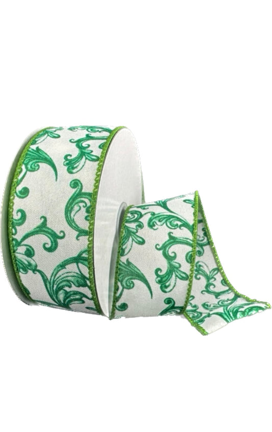 Wired White Satin Green Chinoiserie Swirls Ribbon- 1.5”x10 Yards
