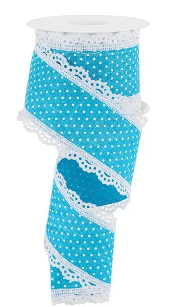 Wired Turquoise and White Swiss Dot Ribbon with White Lace Edge-2.5”x10 Yards