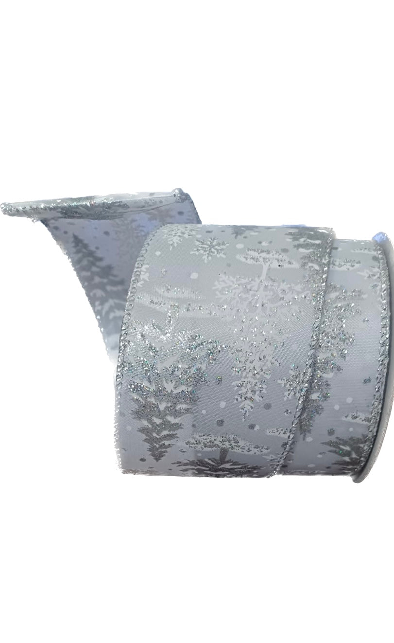 Wired Silver and White Winter Trees Ribbon-2.5”x10 Yards