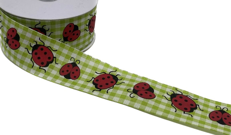 10 Yards - 1.5” Wired Ladybug on Green and White Gingham Background Ribbon