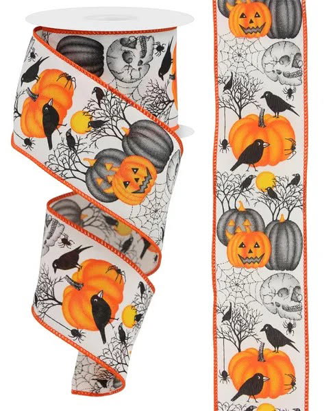 Wired Spooky Halloween Ribbon with Skulls, Crows, and Jack-O-Lanterns-2.5”x10 Yards