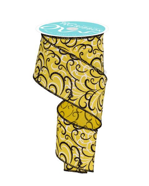 10 Yards - 2.5” Wired Yellow, Black, and White Multi Swirl Glitter Ribbon