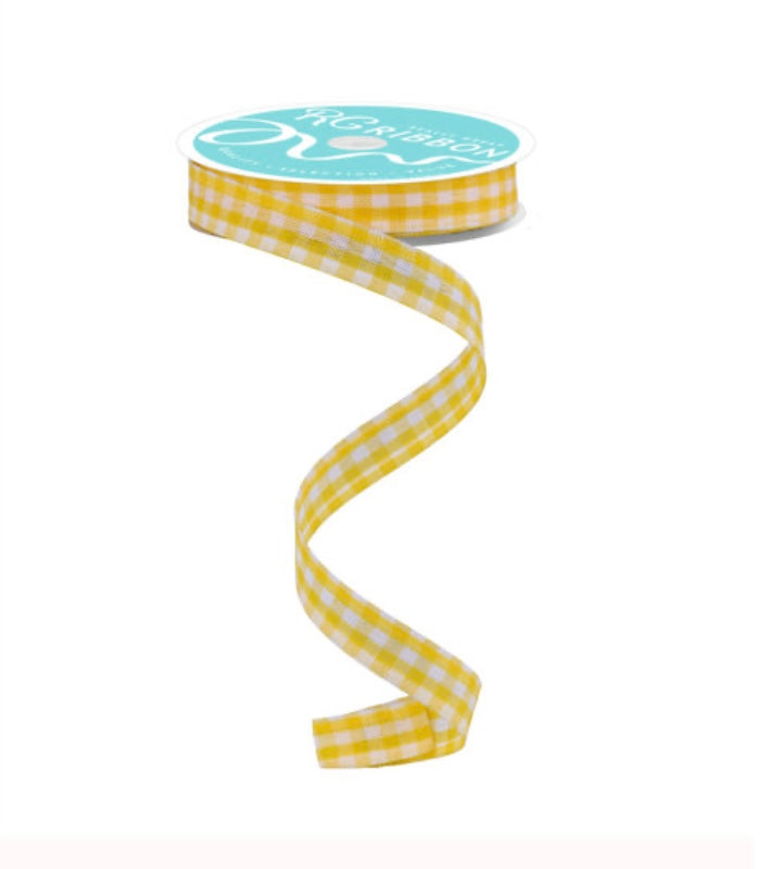 Wired Yellow and White Gingham Check Accent Ribbon-5/8”x10 Yards