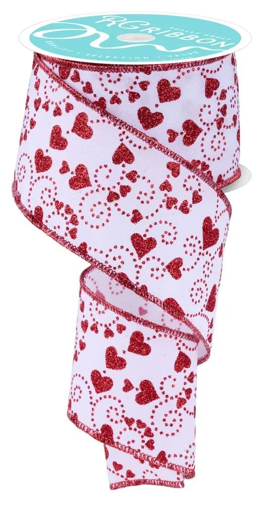 Wired White Background Red Hearts Glitter Accent Valentines Day Ribbon- 2.5”x10 Yards