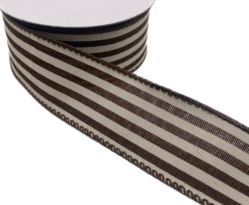 10 Yards - 1.5" Wired Chocolate Brown and Cream Stripe Ribbon