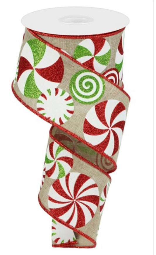 10 Yards - 2.5” Wired Natural Background Peppermint Swirl Christmas Ribbon