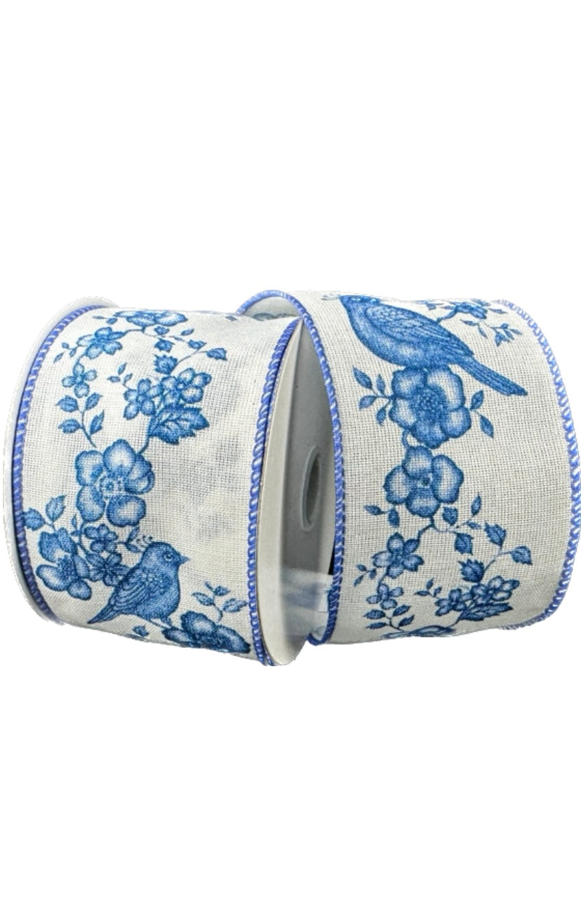 Wired White Linen Blue Chinoiserie Bird Garland- 2.5”x10 Yards