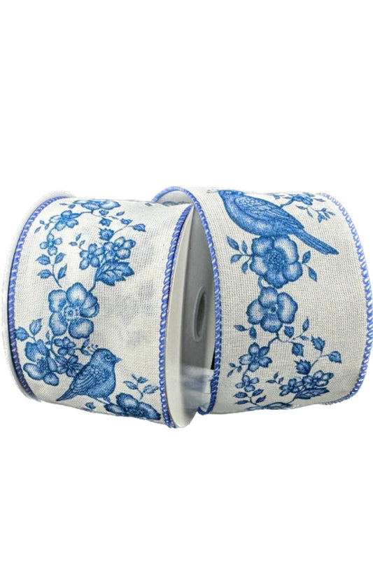 Wired White Linen Blue Chinoiserie Bird Garland- 2.5”x10 Yards