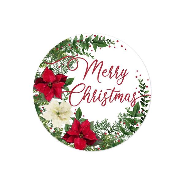 8” Round Metal Merry Christmas With Poinsettias Wreath Sign