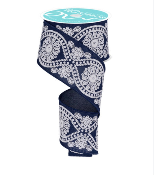10 Yards - 2.5” Wired Navy Blue and White Deluxe Wavy Floral Ribbon