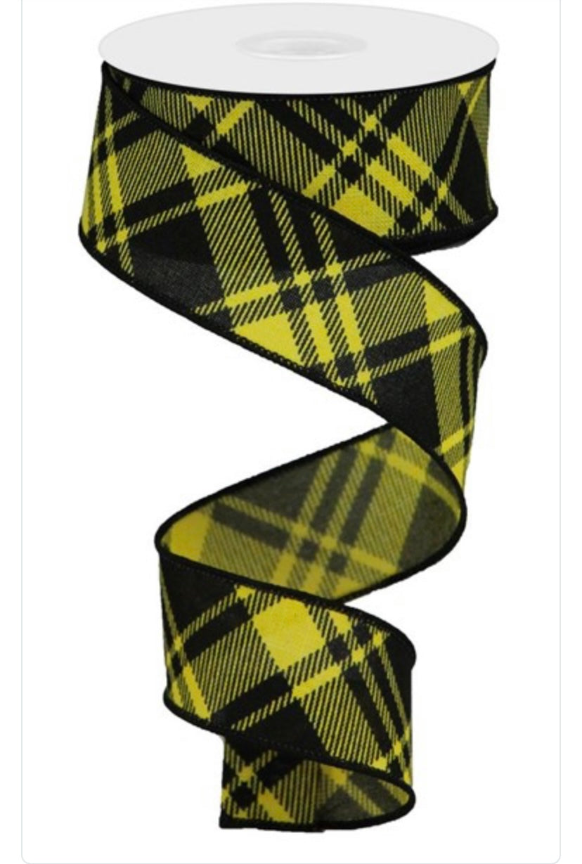 10 Yards - 1.5” Black and Yellow Diagonal Stripe/Check Plaid Ribbon