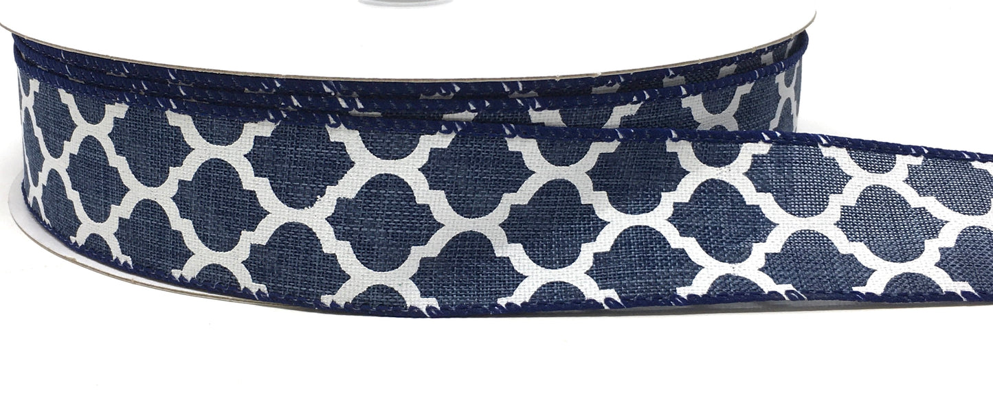 50 Yards - 1.5” Wired Navy Blue and White Lattice Ribbon