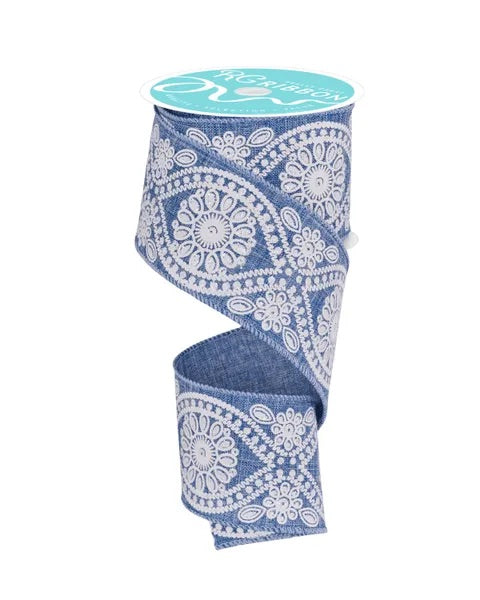 Wired Denim and White Deluxe Wavy Floral Ribbon- 2.5”x 10 Yards