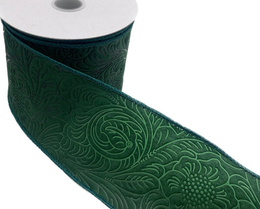 10 Yards - 2.5" Wired Hunter Green Floral Design Embossed Ribbon