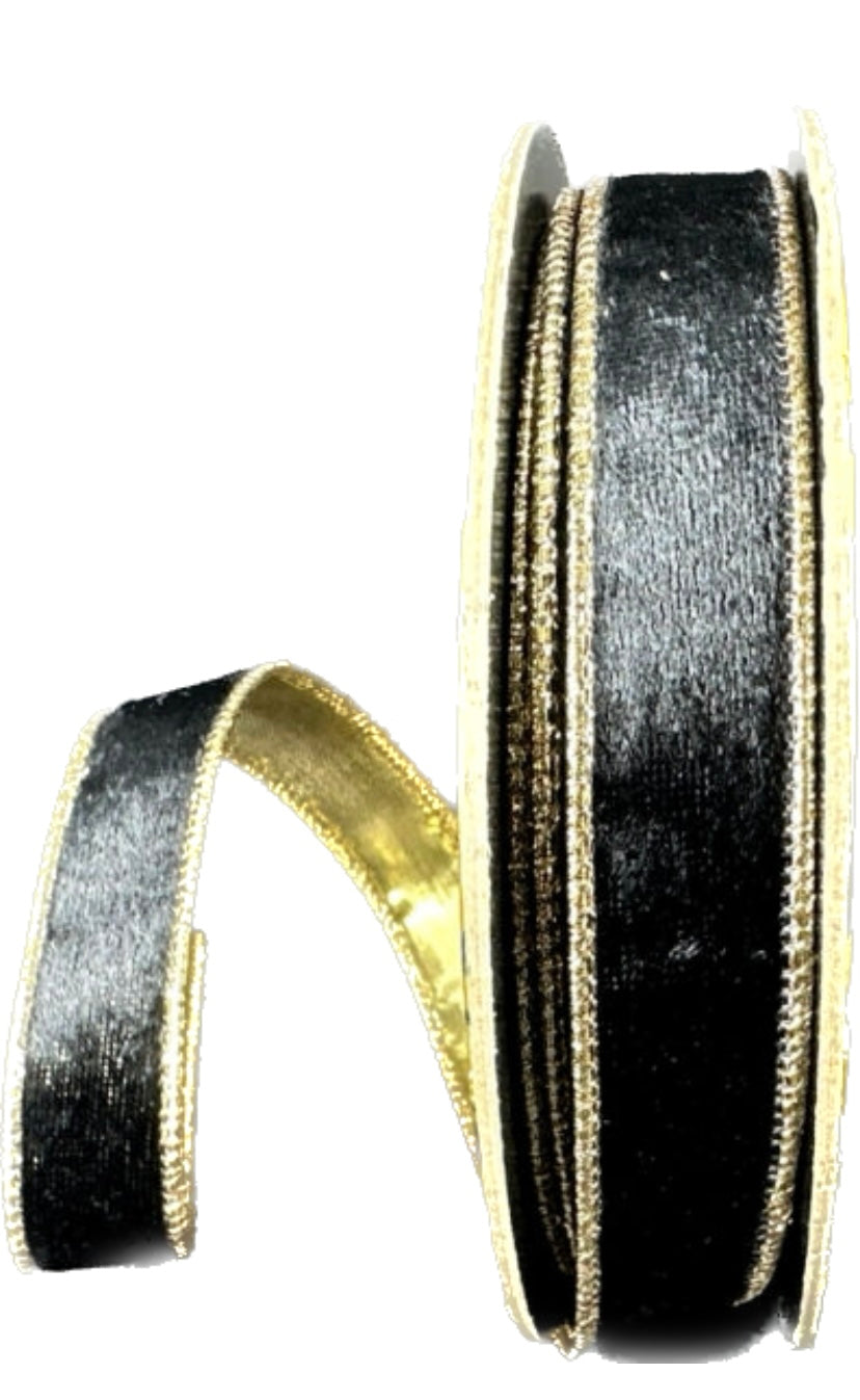 Wired Black Lush Velvet Gold Metallic Back Ribbon- 1”x10 Yards