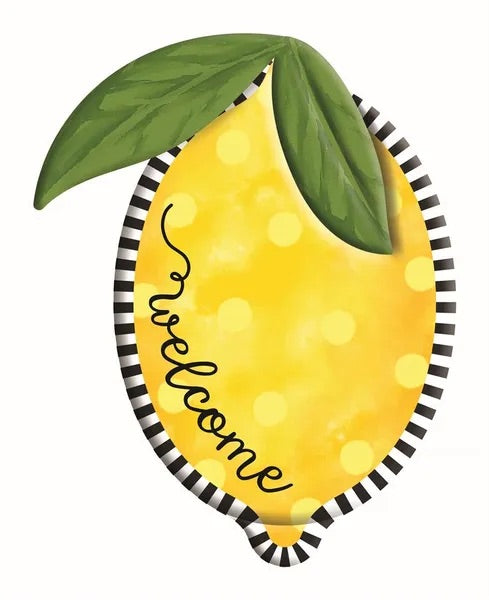 Round Metal Embossed Welcome Lemon Wreath Sign- 12”x9.5”