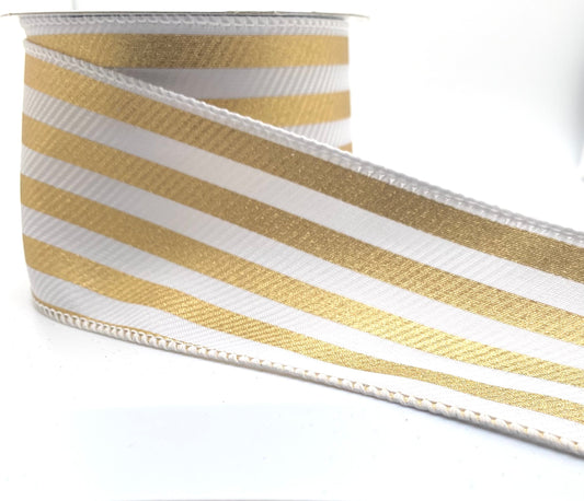 10 Yards - 2.5” Wired White Diagonal Line Gold Painted Cabana Stripe Ribbon