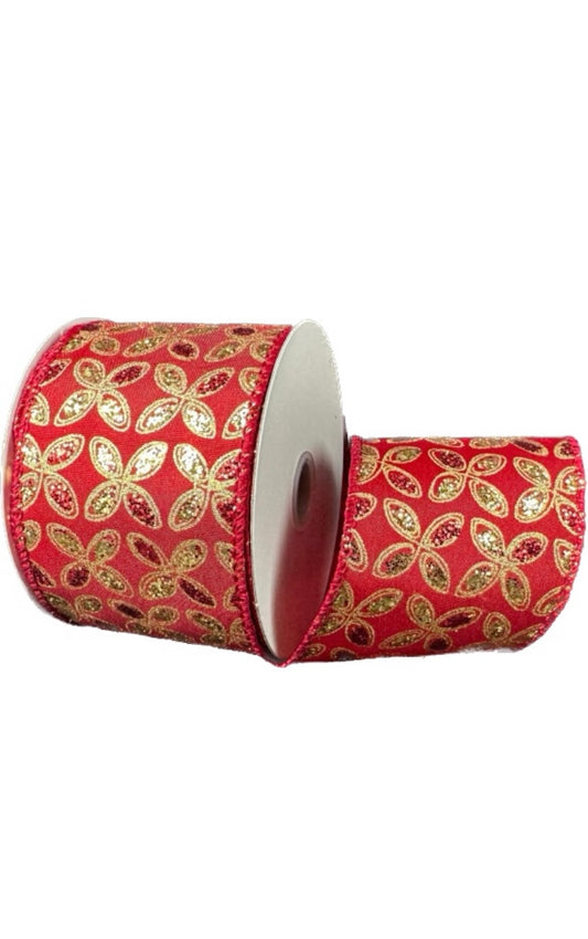 Red Satin Glitter Petals Ribbon-2.5”x10 Yards