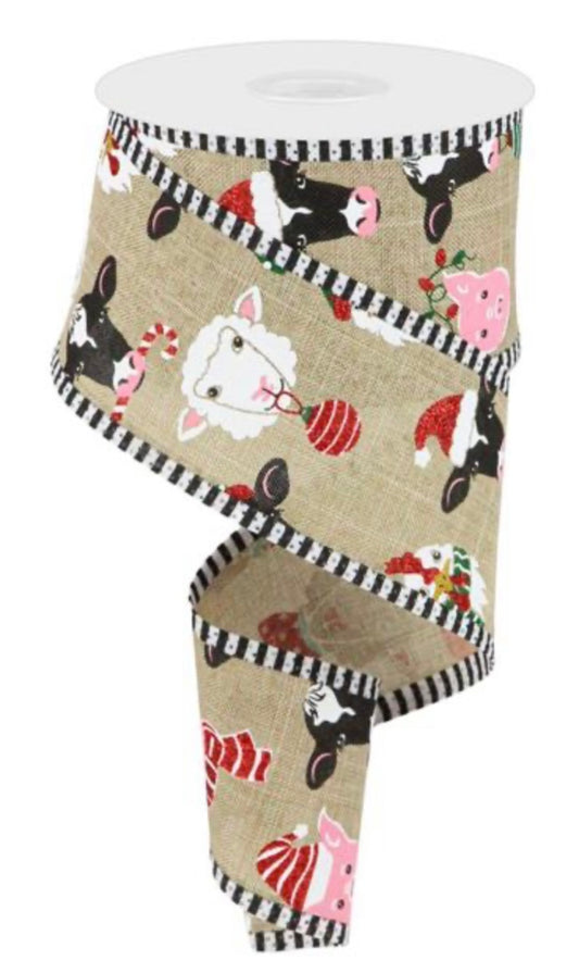 10 Yards - 2.5” Wired Natural Background Christmas Farm Animals Ribbon
