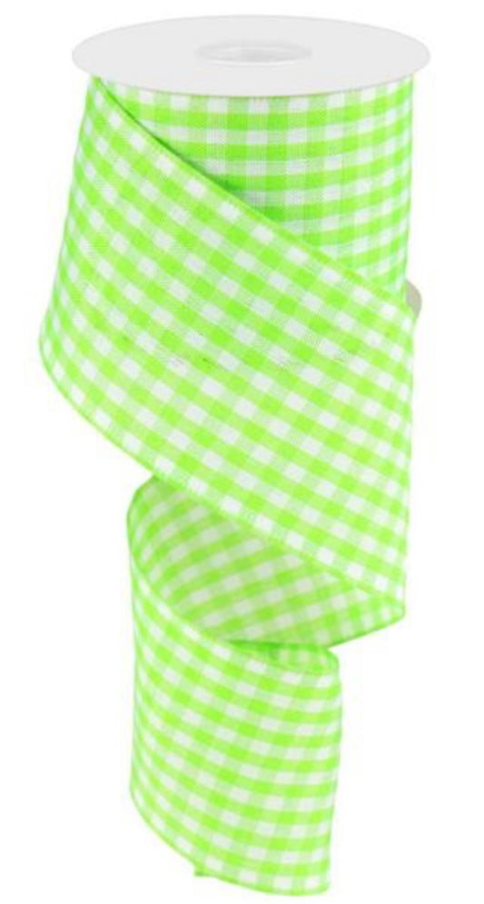 2.5”x 10 Yards Wired Lime Green and White Gingham Ribbon