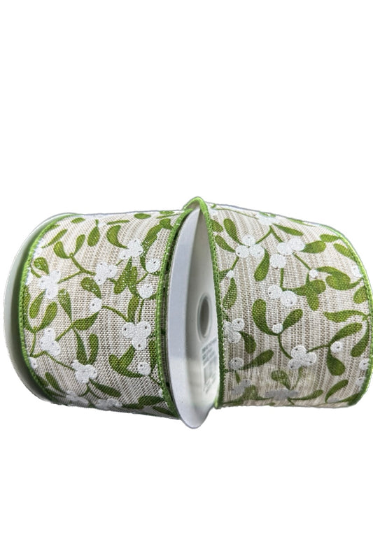 Wired Natural Linen Mistletoe Leaves White Berries Ribbon-2.5”x10 Yards