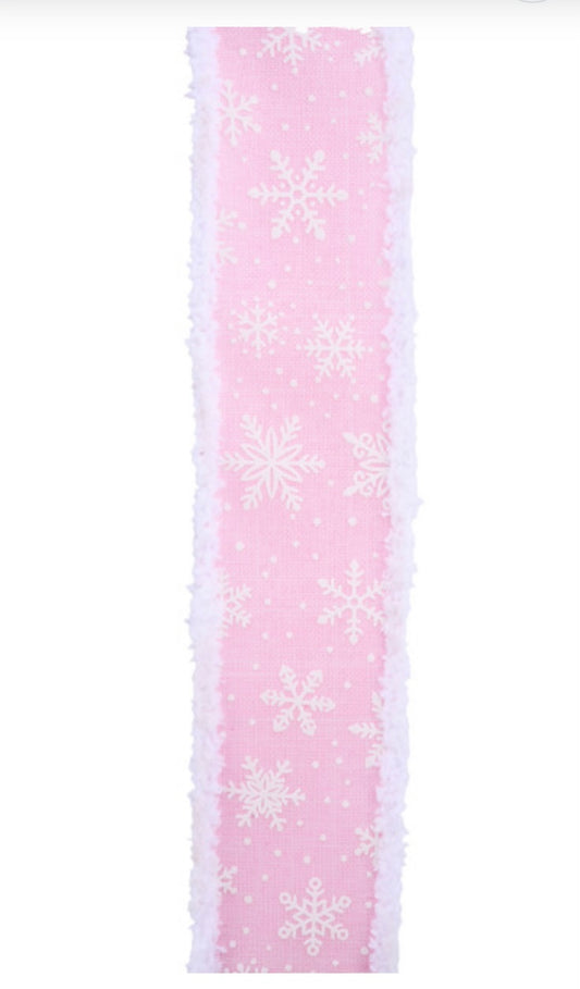 Wired Pink and White Winter Snowflake Ribbon with Snowdrift Edge- 1.5”x10 Yards