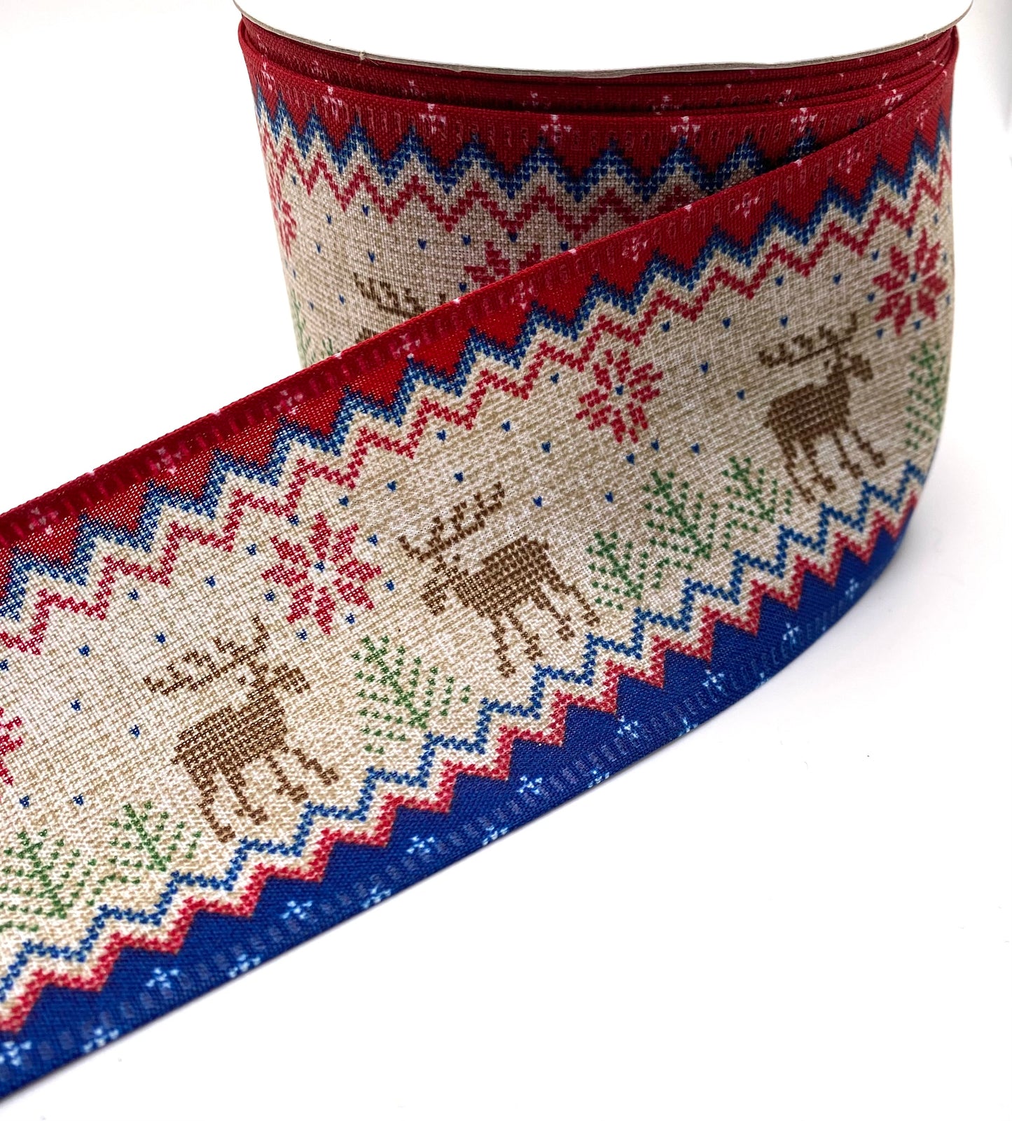 10 Yards - 2.5” Wired Natural Deer Red Blue Accent Ribbon