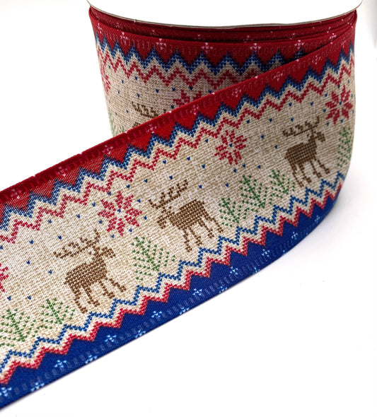 10 Yards - 2.5” Wired Natural Deer Red Blue Accent Ribbon