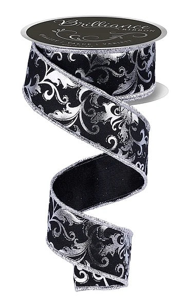 Wired Black with Silver Metallic Foil Swirl Leaf-1.5”x10 Yards