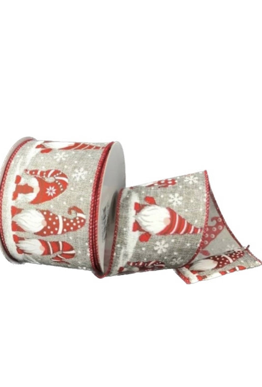 10 Yards - 2.5" Wired Gray Background Christmas Gnome Ribbon