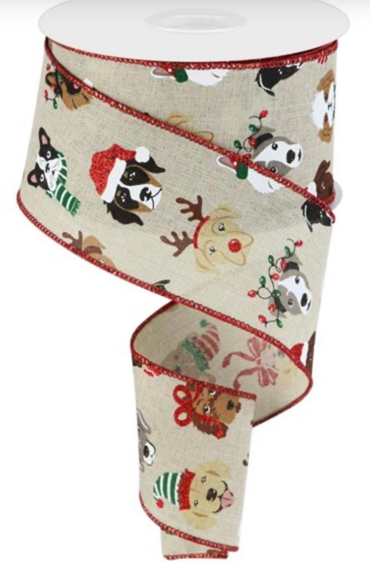 10 Yards - 2.5” Wired Light Natural Background Christmas Dog Ribbon with Glitter Accent