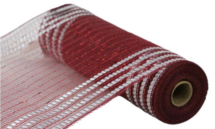 10.5”x10yd Burgundy with Silver Matte/Metallic Border Deco Poly Mesh