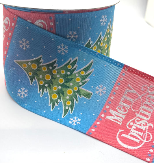 10 Yards - 2.5" Wired Merry Christmas Trees and Snowflakes Ribbon