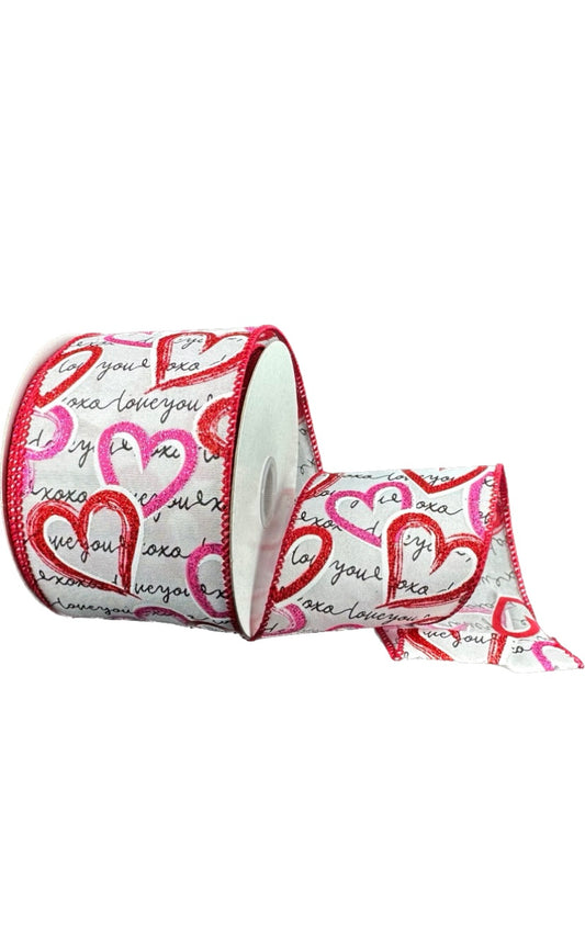 Wired White Satin Love Book Script Fuchsia and Red Hearts Valentines Day Ribbon- 2.5”x10 Yards