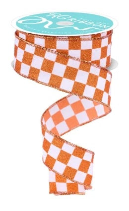 Wired Orange and White Print Glitter Check Ribbon- 1.5”x10 Yards