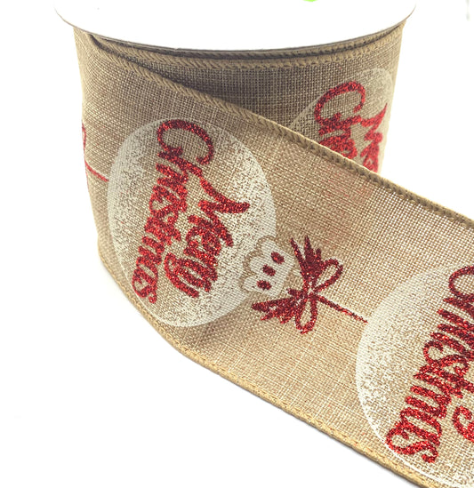 10 Yards - 2.5” Wired Merry Christmas Ornament Ribbon with Glitter Accent