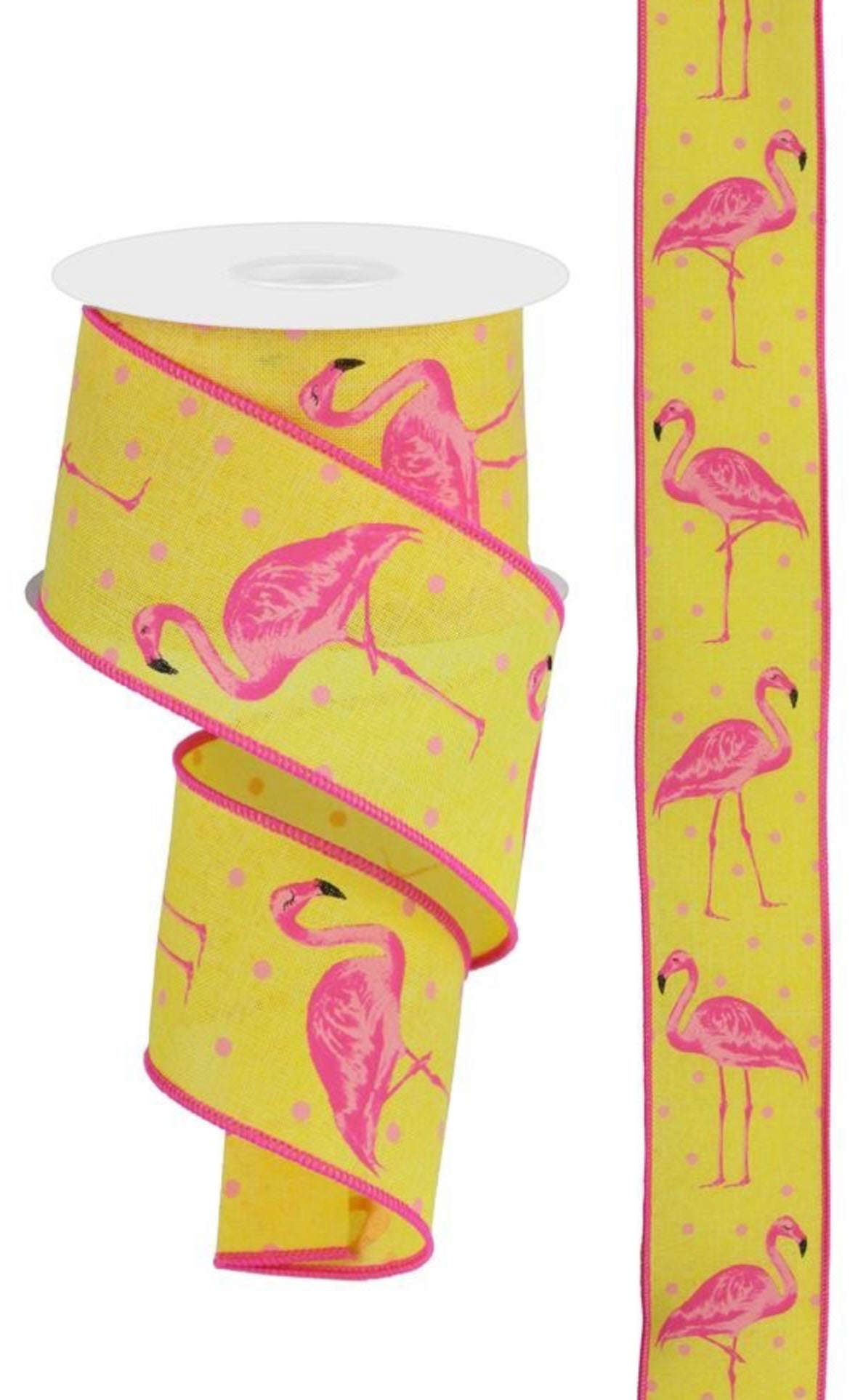 10 Yards - 2.5” Wired Yellow Background Pink Flamingo Ribbon