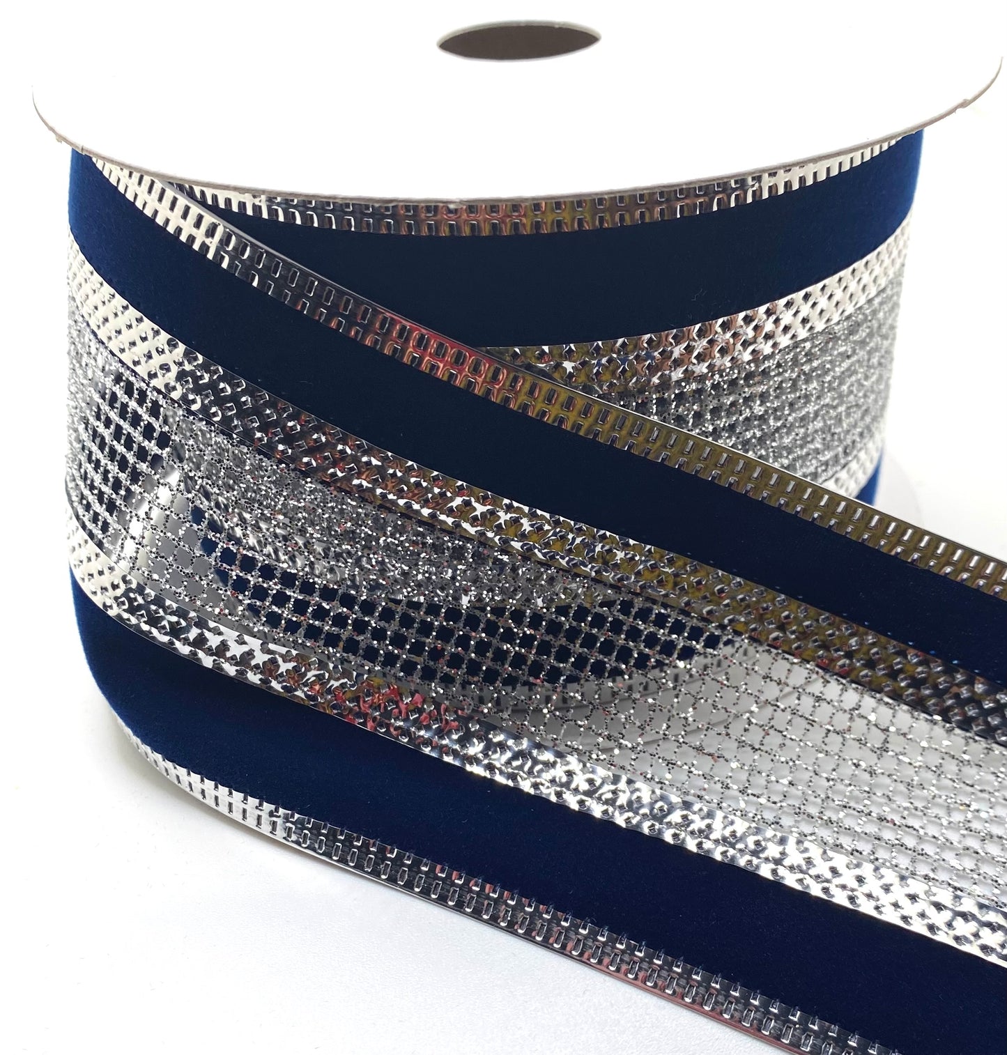 2.5” x 10yd Wired Silver Glitter Net with Silver Metallic Navy Velvet Edge Ribbon