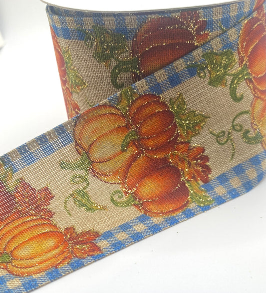 10 Yards - 2.5" Wired Natural Linen Pumpkins Blue Gingham Edge Fall Ribbon