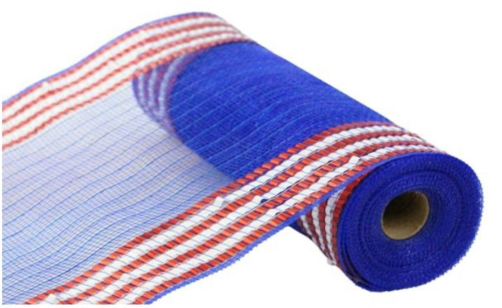 10.5”x10yd Blue with Red and White Metallic Border Deco Poly Mesh